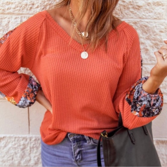 Waffle Knit Fall Boho Print Spliced Top - Picture 3 of 5